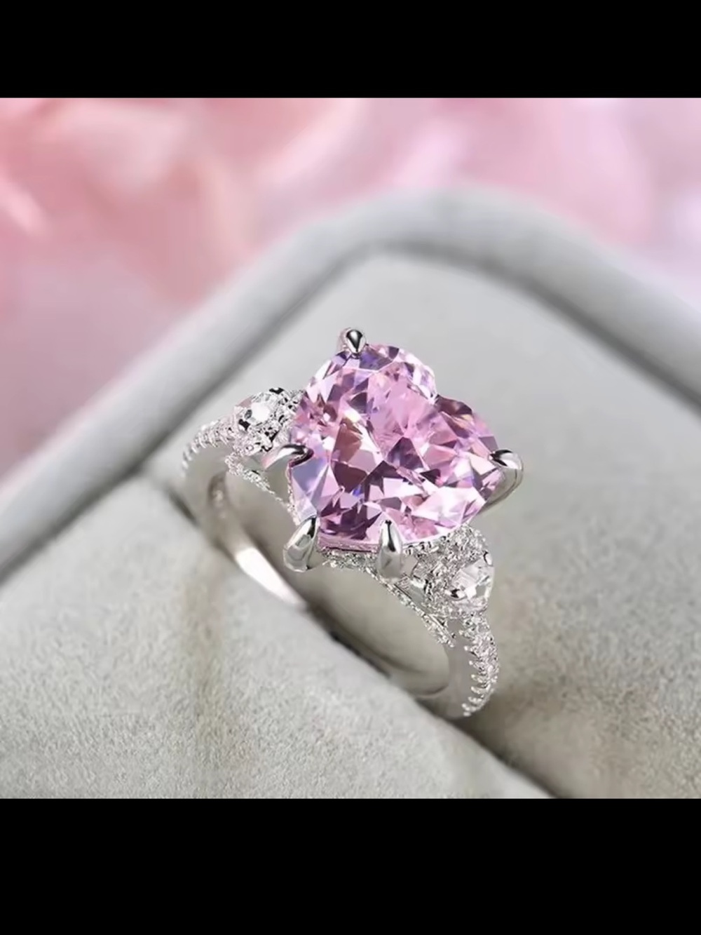Heart-Cut Pink Gemstone Halo Ring in Silver Tone - Elegant Women's Jewelry